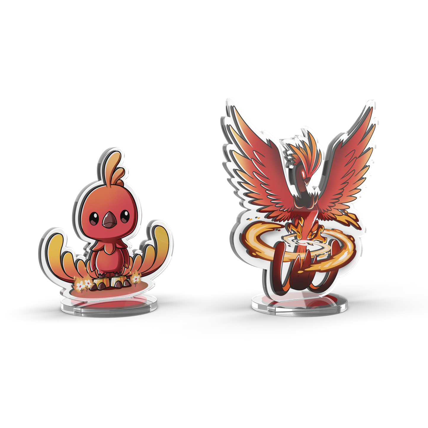 Two standees from the Casting Shadows: Molten Rock Expansion Standee Set by Unstable Games. The left one is a small, red, cute bird with yellow accents. The right one is a larger bird in a dynamic pose, with red and yellow flames.