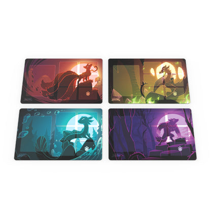 Four colorful Casting Shadows: Play Mat Set mats, each depicting a different elemental theme: fire, earth, water, and air, with mythical creatures and adventurers in dynamic poses.