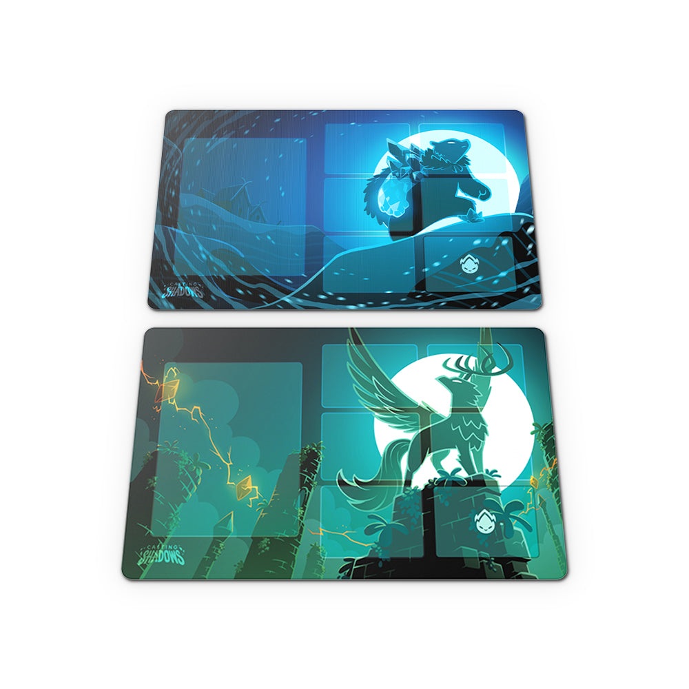 Two Casting Shadows: The Ice Storm Expansion Play Mat Sets with vibrant, stylized artwork featuring mythological creatures in blue and green tones, complemented by Ice Storm Expansion-themed play mats.