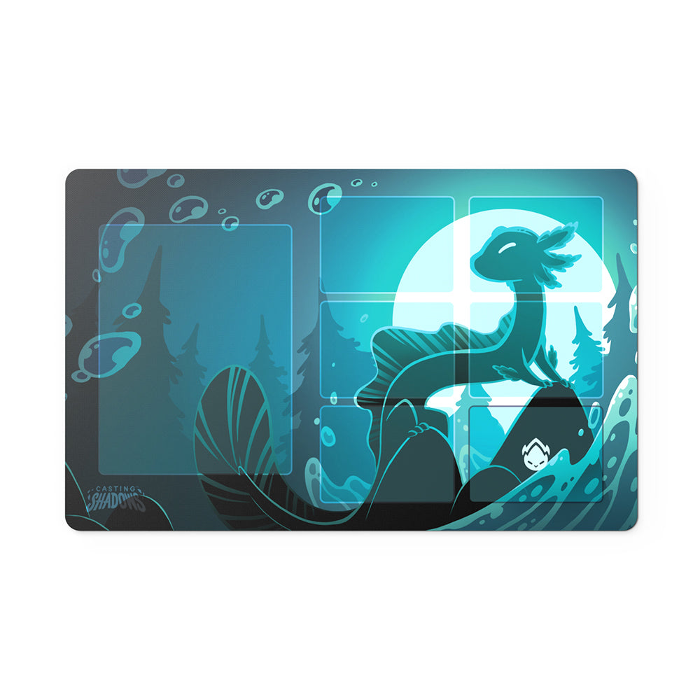Stylized illustration on an Unstable Games Casting Shadows: Play Mat Set depicting a fantastical underwater scene with marine creatures and a submerged fox.