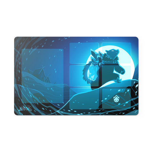Rectangular play mat featuring blue cyber-themed artwork with a stylized horse head silhouette and digital motifs from Unstable Games' Casting Shadows: The Ice Storm Expansion Play Mat Set.