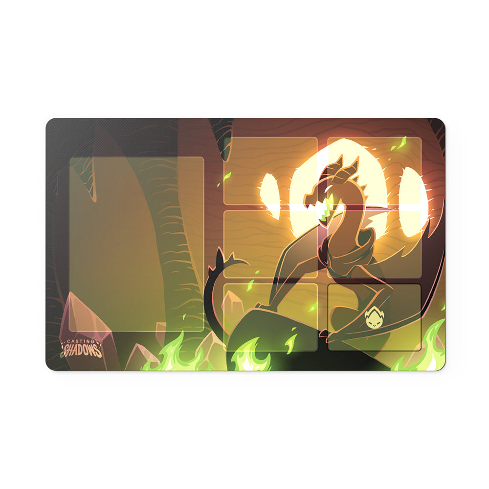 Illustration on a Neoprene  Casting Shadows: Play Mat Set featuring a stylized wolf with glowing eyes in a forest setting, surrounded by green flames and casting shadows. Brand Name: Unstable Games