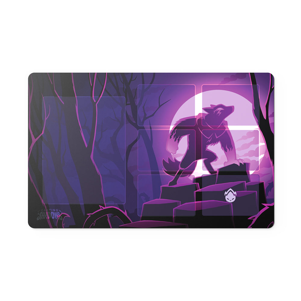 Illustration of a werewolf howling on a cliff under a purple moon, surrounded by dark trees on a Unstable Games Casting Shadows: Play Mat Set.