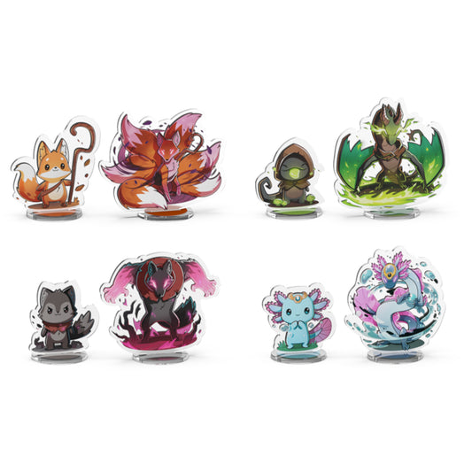 A collection of eight Casting Shadows: Base Game Standee Set figures on stands, each showcasing unique designs and vibrant hues by Unstable Games.