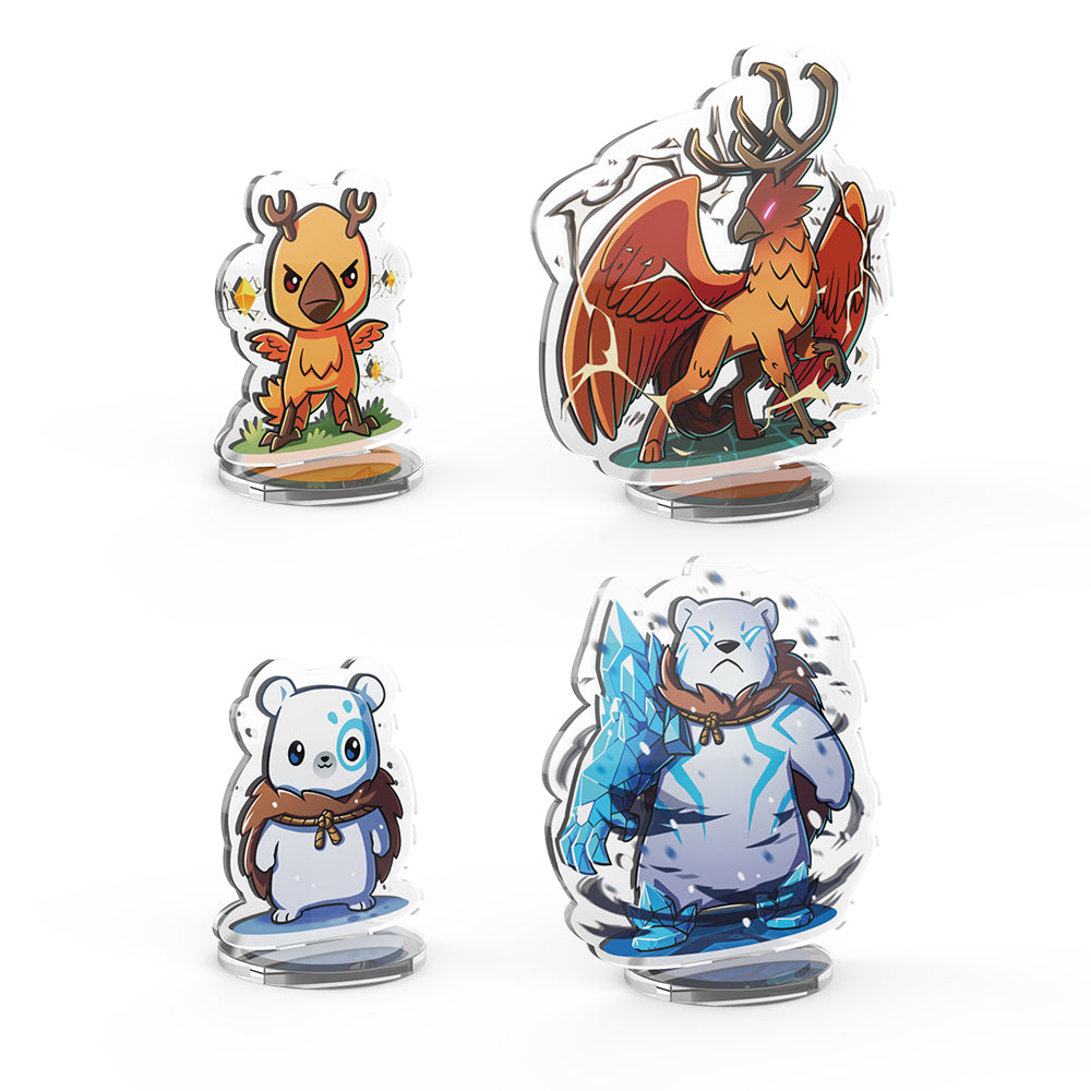 Four acrylic standees from the "Casting Shadows: The Ice Storm Expansion Standee Set" depicting mythical creatures: a fiery bird, an ice creature from the "Ice Storm Expansion," a horned beast, and a leaf by Unstable Games.