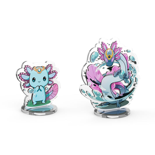 Two Casting Shadows: Frill Lilypad & Frill the Regenerator standees, perfect as desk toys, featuring stylized mythical creatures: one resembling a blue dragon, and the other a serpentine creature with floral patterns. (Brand Name: Unstable Games)