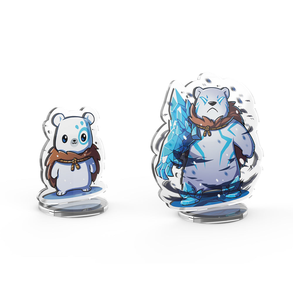 Two Casting Shadows: Frost Polarpaw & Frost the Merciless Standees from The Ice Storm Expansion of stylized bear characters: one white and cute, the other blue and crystal-like, both with brown scarves by Unstable Games.