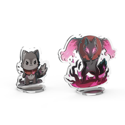 Two Casting Shadows: Nuzzle Thornwood & Nuzzle the Savage Standees designed as desk toys; one in a normal version, and the other in a demonized version with dark hues and pink accents casting shadows. Created by Unstable Games.
