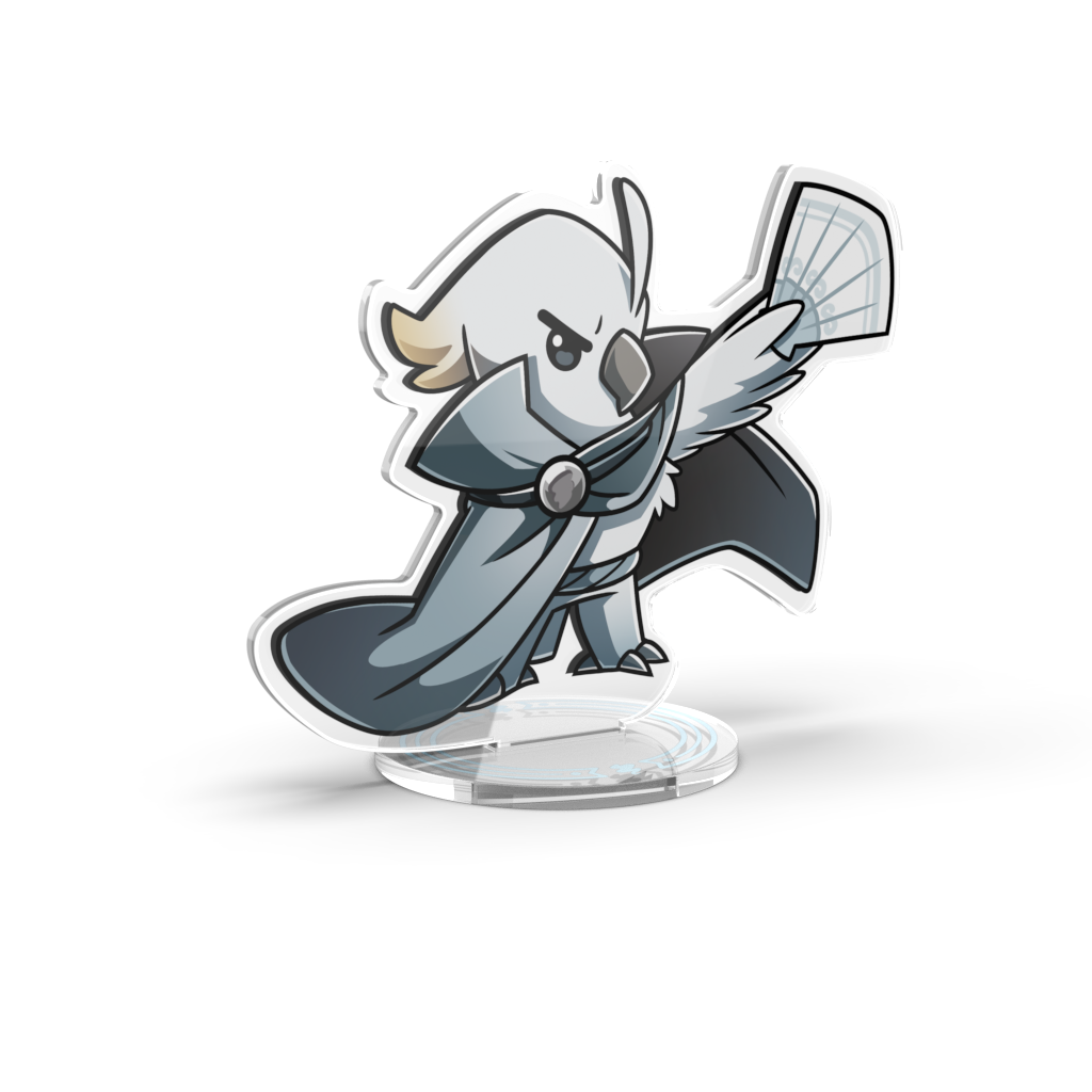 A chibi-style character holding a fan and wearing a blue and grey outfit stands on a transparent base, perfect for adding to your collection of desk toys. The Command of Nature: Sand & Wind Expansion Standee Set from Unstable Games brings the essence of Command of Nature right to your workspace.