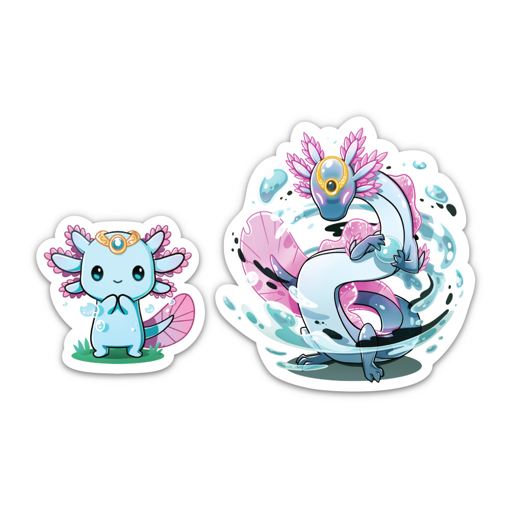 Two cartoon stickers: one depicting a blue creature with a crown, and another featuring a white snake-like creature with pink details and a crown, labeled as the "Frill Lilypad & Frill the Regenerator Sticker Set" by Unstable Games.