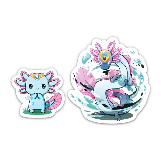 Two cartoon stickers: one depicting a blue creature with a crown, and another featuring a white snake-like creature with pink details and a crown, labeled as the 
