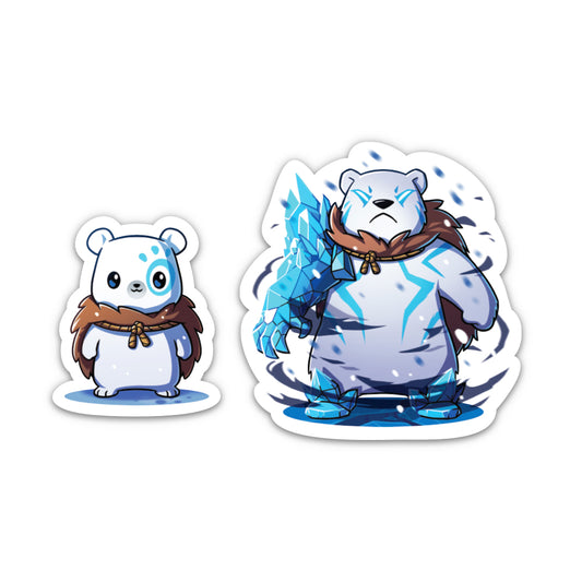 Two illustrated stickers of fantasy bears: one small and white with a brown scarf, and another larger Frost Polarpaw sticker with ice crystals on its body and blue markings from the Frost Polarpaw & Frost the Merciless Sticker Set by Unstable Games.