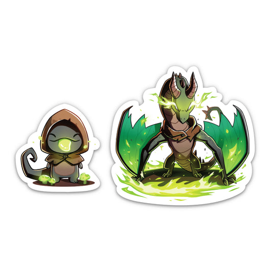 Two Haze Greentongue & Haze the Devastator stickers: a cloaked chameleon named Haze Greentongue and a rhinoceros beetle rearing up with green flames, both illustrated in a playful, animated style. Created by Unstable Games.