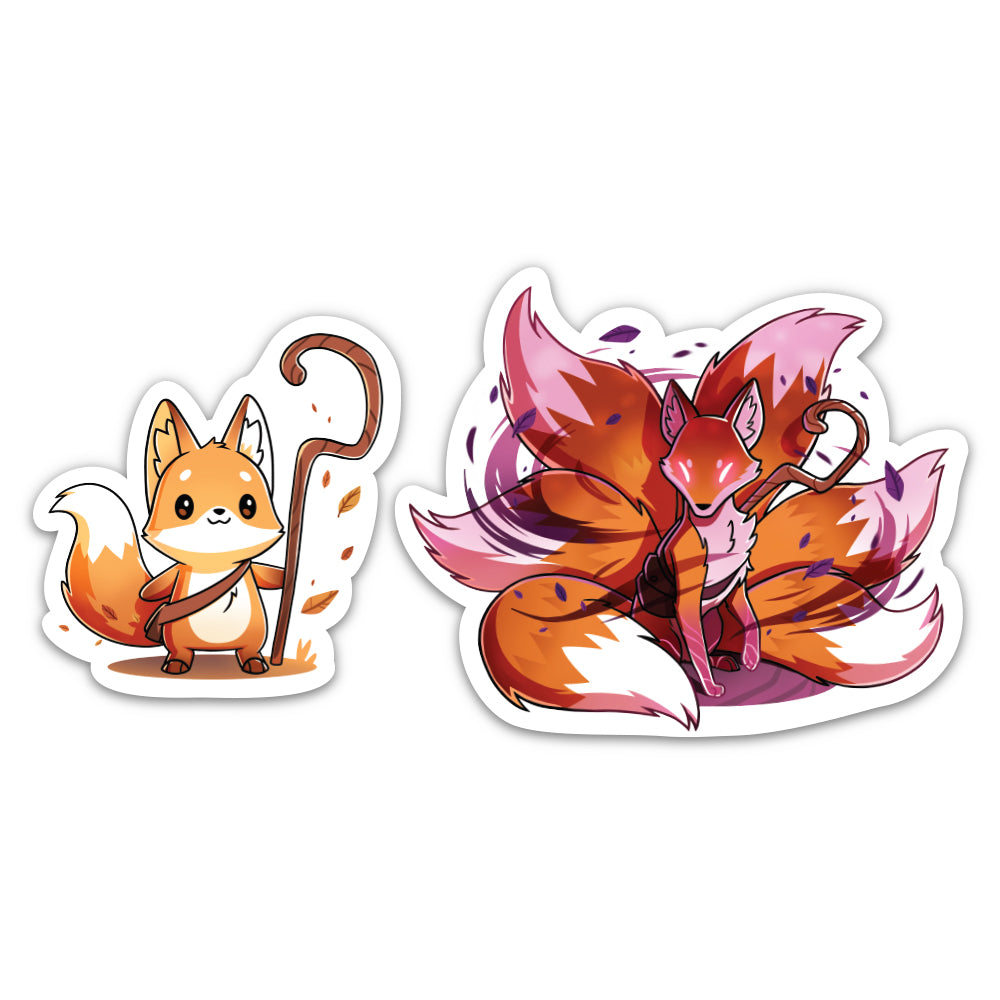 Two illustrations of anthropomorphic foxes, one standing with a staff and the other lying playfully among autumn leaves, depicted on the Kit Gale & Kit the Turbulent Sticker Set by Unstable Games.