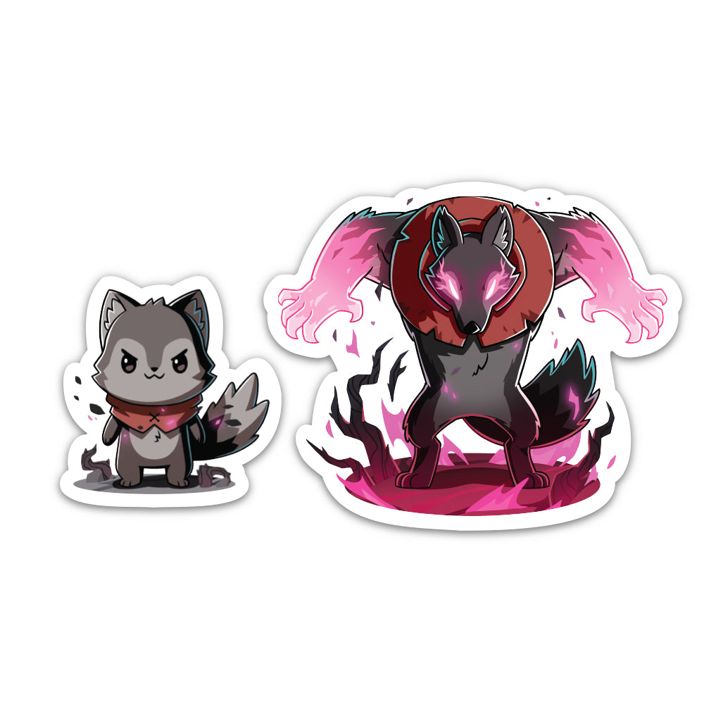 Two water-resistant Nuzzle Thornwood & Nuzzle the Savage stickers; one small grey wolf with a scarf, and another larger, menacing wolf with a pink and black aura. (Brand Name: Unstable Games)