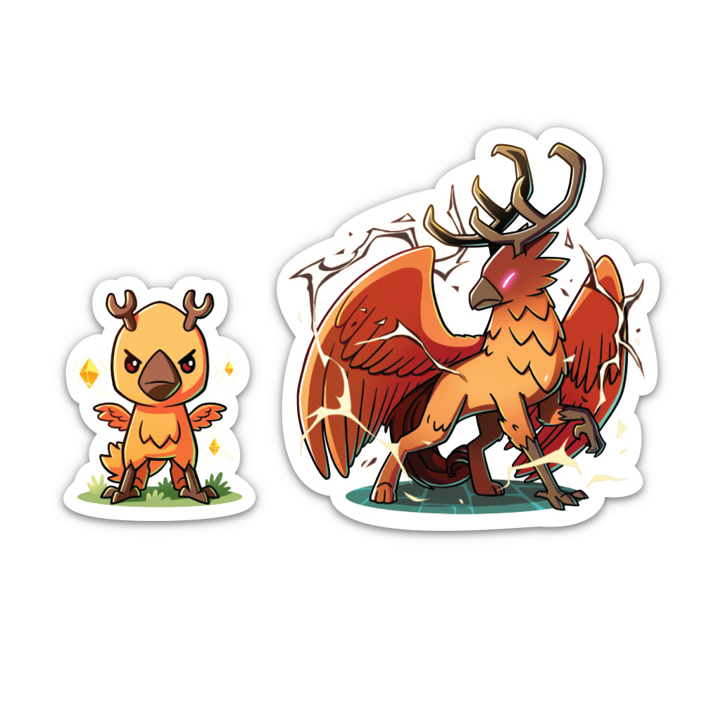 Two Talon Lightfeather & Talon the Dark Storm water-resistant vinyl stickers of mythical creatures: one orange bird-like creature with tiny wings and the other a large majestic beast with antlers and fiery wings by Unstable Games.