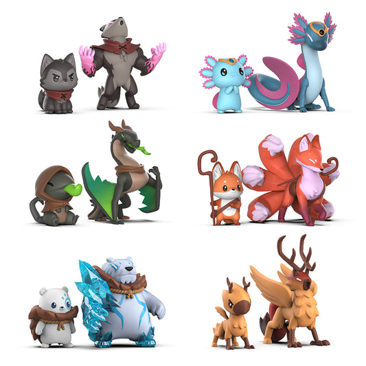 Eight Casting Shadows: Base Game + The Ice Storm Expansion vinyl figures in various poses and colors, including a gray wolf, a pink-winged bear, and an ice-blue dragon, designed as desk toys perfect for any collector.