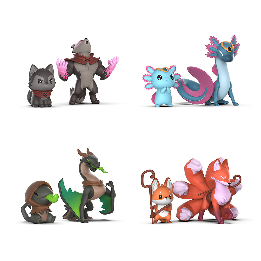 Four groups of stylized cartoon animals, including a mix of creatures resembling cats and mythical beasts from the Casting Shadows: Base Game vinyl figures collection by Unstable Games, displayed on a white background.