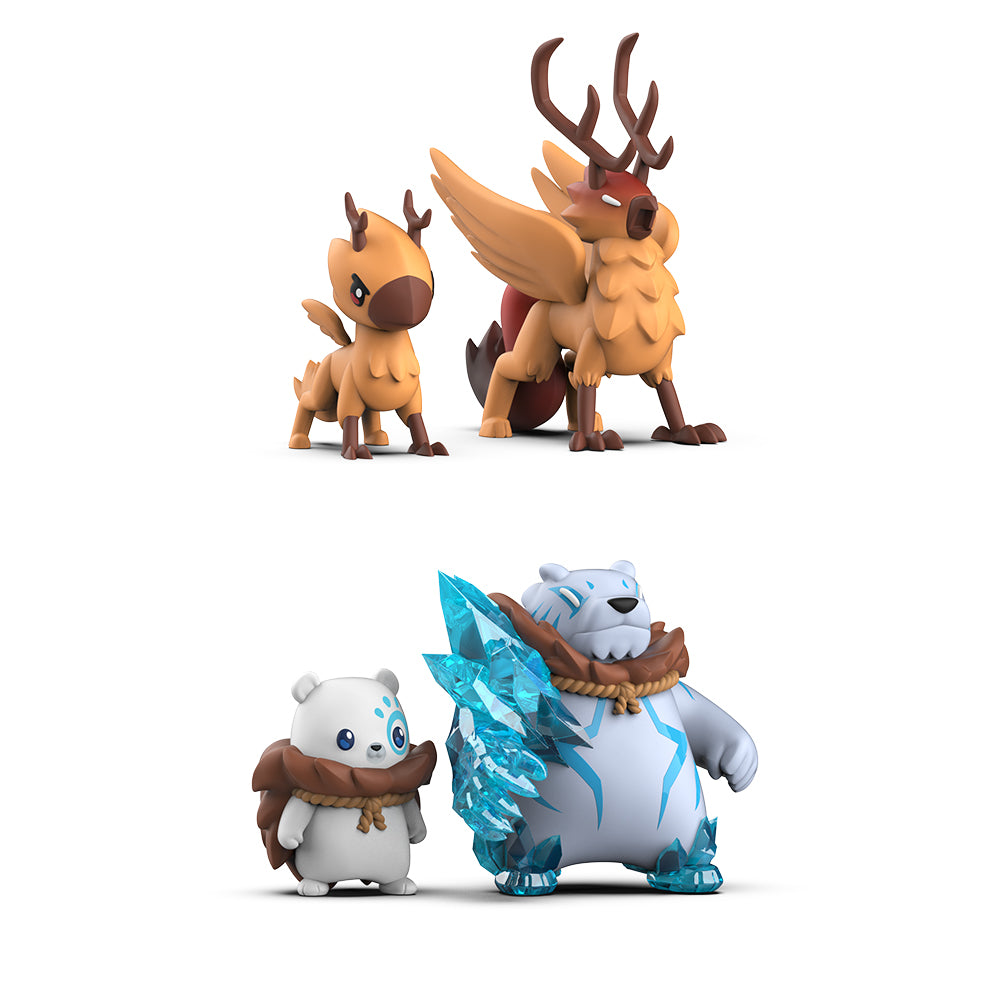 Four cartoon-style animal characters with fantasy elements, perfect as desk toys: a small griffin from the Casting Shadows: The Ice Storm Expansion Vinyl Figure Set, a large stag with grand antlers, a tiny bear, and a polar bear adorned with ice. All from Unstable Games.