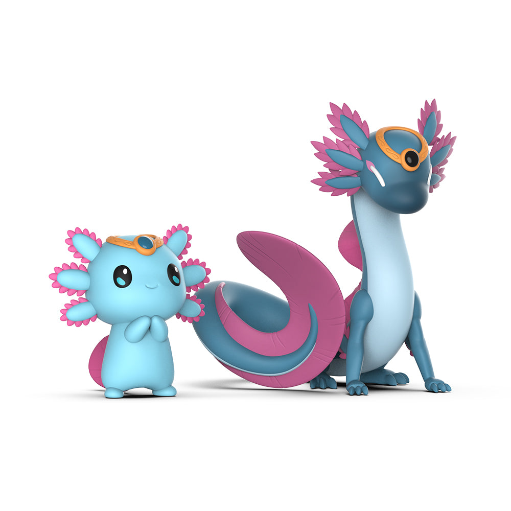 Two animated vinyl figures: a small blue Casting Shadows: Frill Lilypad figure with pink accents and a larger dragon-like Casting Shadows: Frill the Regenerator figure with a sleek body and pink wings, both wearing orange goggles. Brand Name: Unstable Games