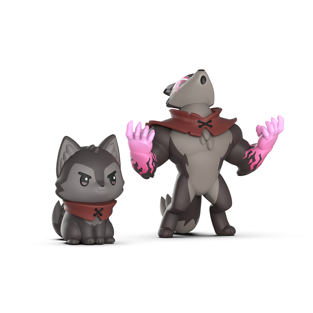 Two Casting Shadows: Nuzzle Thornwood & Nuzzle the Savage vinyl figures from Unstable Games, cartoon-style wolves, one standing upright in a cloak with glowing pink hands, the other sitting with a serious expression, both wearing red bandanas with a black cross.