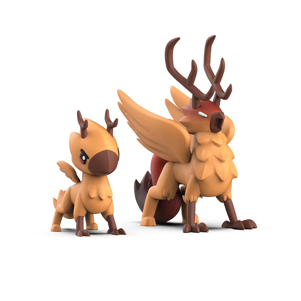 Two stylized, animated deer characters from the "Casting Shadows" game with exaggerated features; one small and one large with wings, both depicted in shades of brown and tan, the Casting Shadows: Talon Lightfeather & Talon the Dark Storm Vinyl Figure Set by Unstable Games.