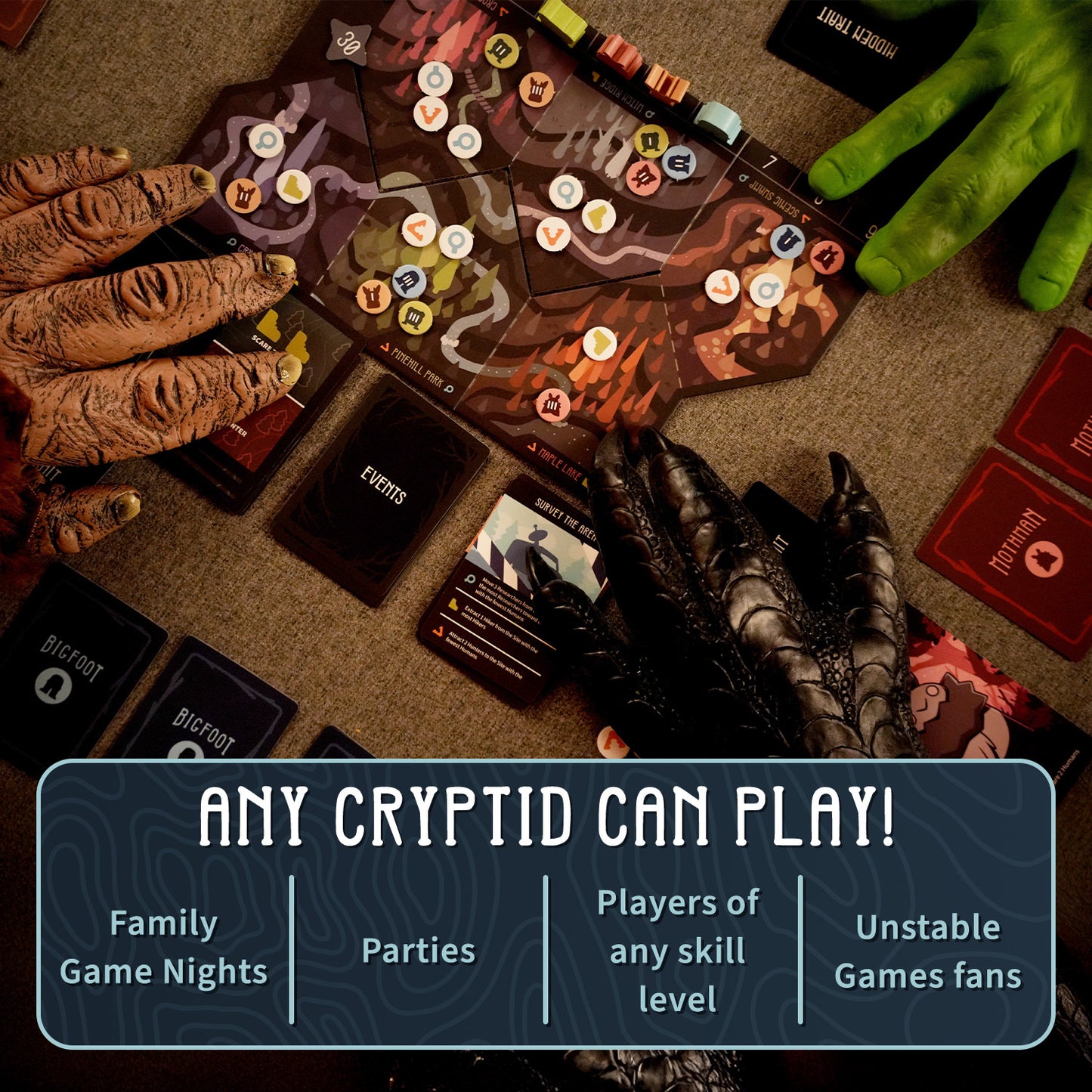 Three players with monster gloves enjoy Twisted Cryptids: Base Game by Unstable Games—a strategic Kickstarter board game for all skill levels and any gathering.
