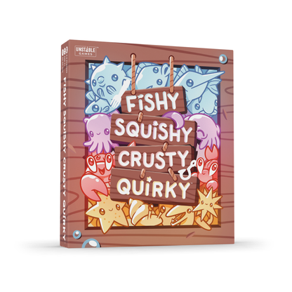 A box of "Fishy Squishy Crusty Quirky: Base Game," the strategic card game by Unstable Games, featuring cartoon sea creatures and sand dollars on the cover.