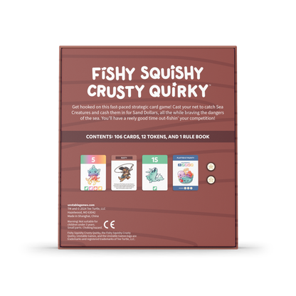 Back of "Fishy Squishy Crusty Quirky: Base Game" by Unstable Games shows 106 cards, 12 sand dollar tokens, and a rule book. Dive into strategy with quirky sea creature cards and detailed descriptions.