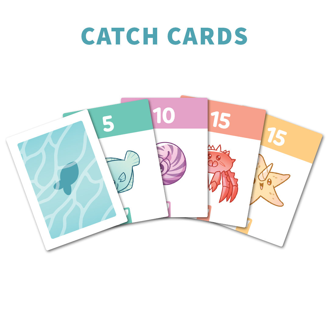 Dive into an oceanic adventure with Unstable Games' "Fishy Squishy Crusty Quirky: Base Game," featuring five illustrated Catch Cards with diverse sea creatures like fish, shells, crabs, and starfish. Varying point values and Sand Dollar rewards make it a strategic card game for players.