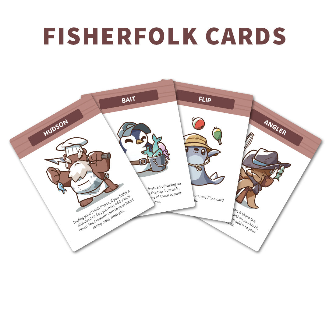 Four illustrated "Fishy Squishy Crusty Quirky: Base Game" cards from Unstable Games feature characters—Hudson, Bait, Flip, and Angler—with fishing gear and sea creatures. The "Fisherfolk Cards" title suggests a strategic game where sand dollars determine victory.