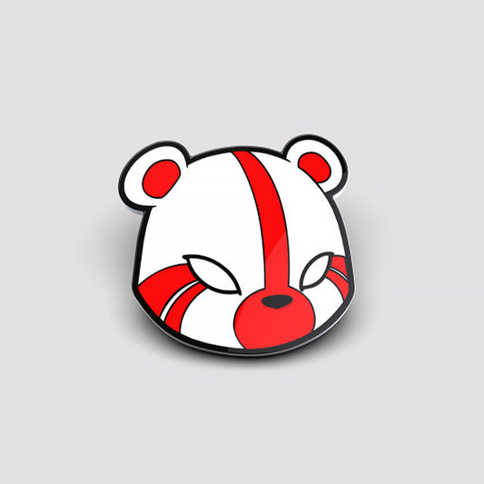 Illustration of a stylized red and white bear head with a 