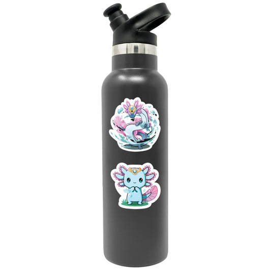 Black reusable water bottle with a straw lid, decorated with colorful Casting Shadows stickers and a Frill Lilypad & Frill the Regenerator sticker set from Unstable Games.