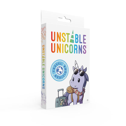 A box for the strategic card game "Unstable Unicorns Travel Edition" by Unstable Games featuring a unicorn with a suitcase and travel accessories on the cover.