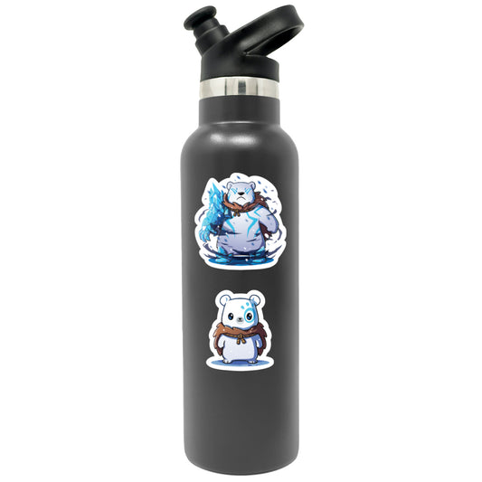 Black reusable water bottle with a flip-top lid, decorated with a Frost Polarpaw & Frost the Merciless sticker set in blue and white tones from Unstable Games.