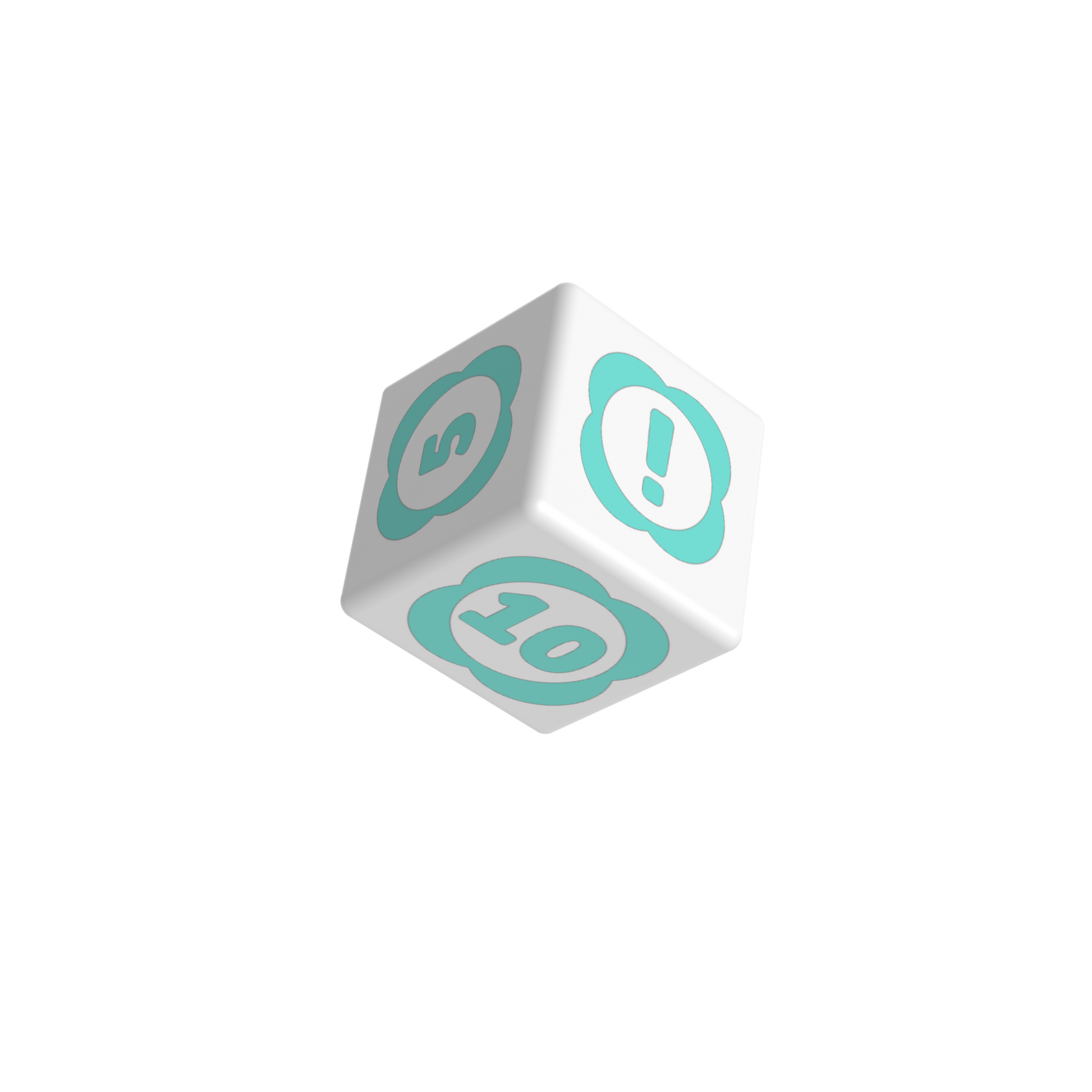 A white die with pale green and gray symbols, featuring numbers 3, 10, and an exclamation mark, integrates perfectly into the whimsical world of the Garden Variety: Base Game by Unstable Games.