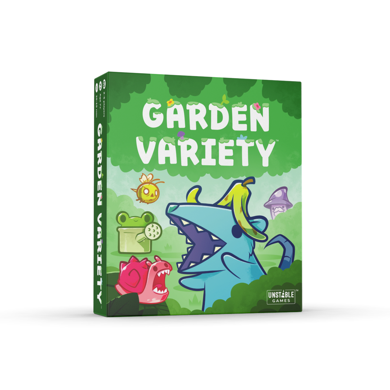 A box of "Garden Variety: Base Game" by Unstable Games showcases vibrant illustrations of various cartoon creatures set against a green background.