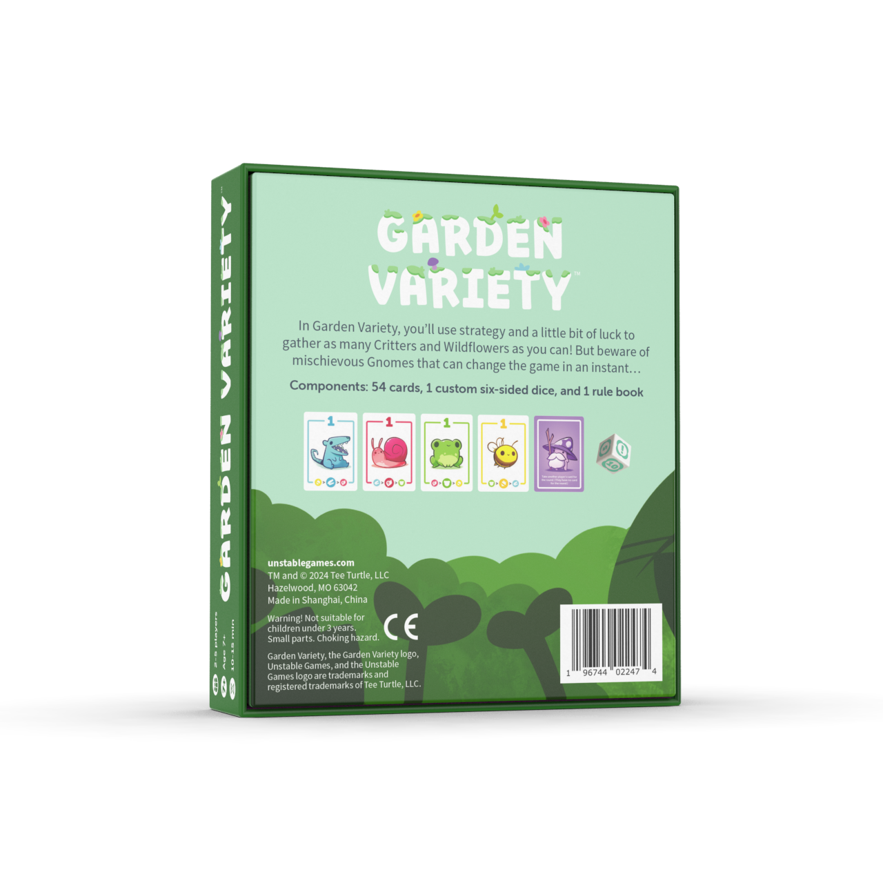 The box of the board game titled "Garden Variety: Base Game" by Unstable Games displays the back with detailed game information, including a description, components list, and illustrations of character cards. The game components are clearly listed on the back.