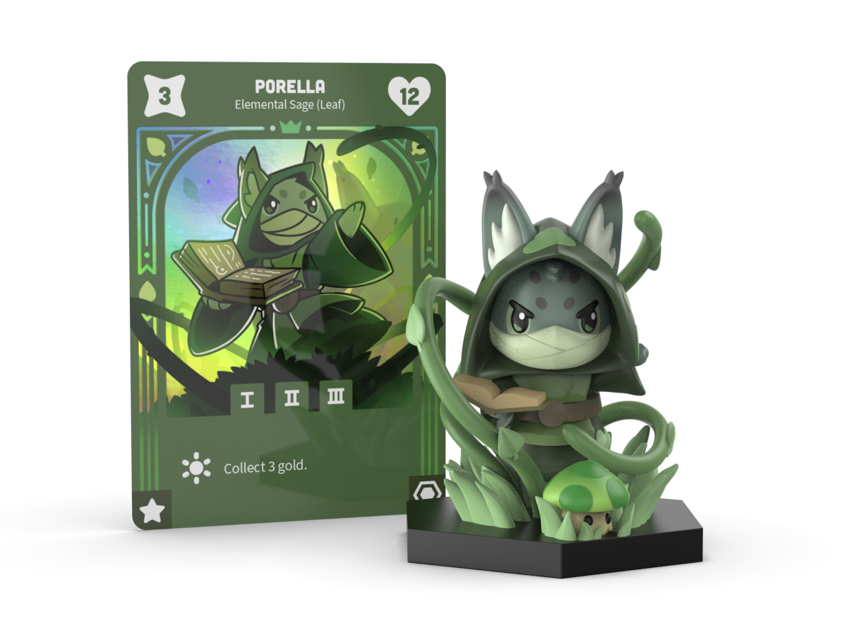 The Command of Nature: Porella the Leaf Sage Vinyl Figure by Unstable Games is a collectible featuring a green character named Porella in a cloak, holding a staff. It comes with a matching trading card showcasing the Command of Nature Sage's stats and abilities. This perfect addition to your desk toys collection captures every intricate detail.