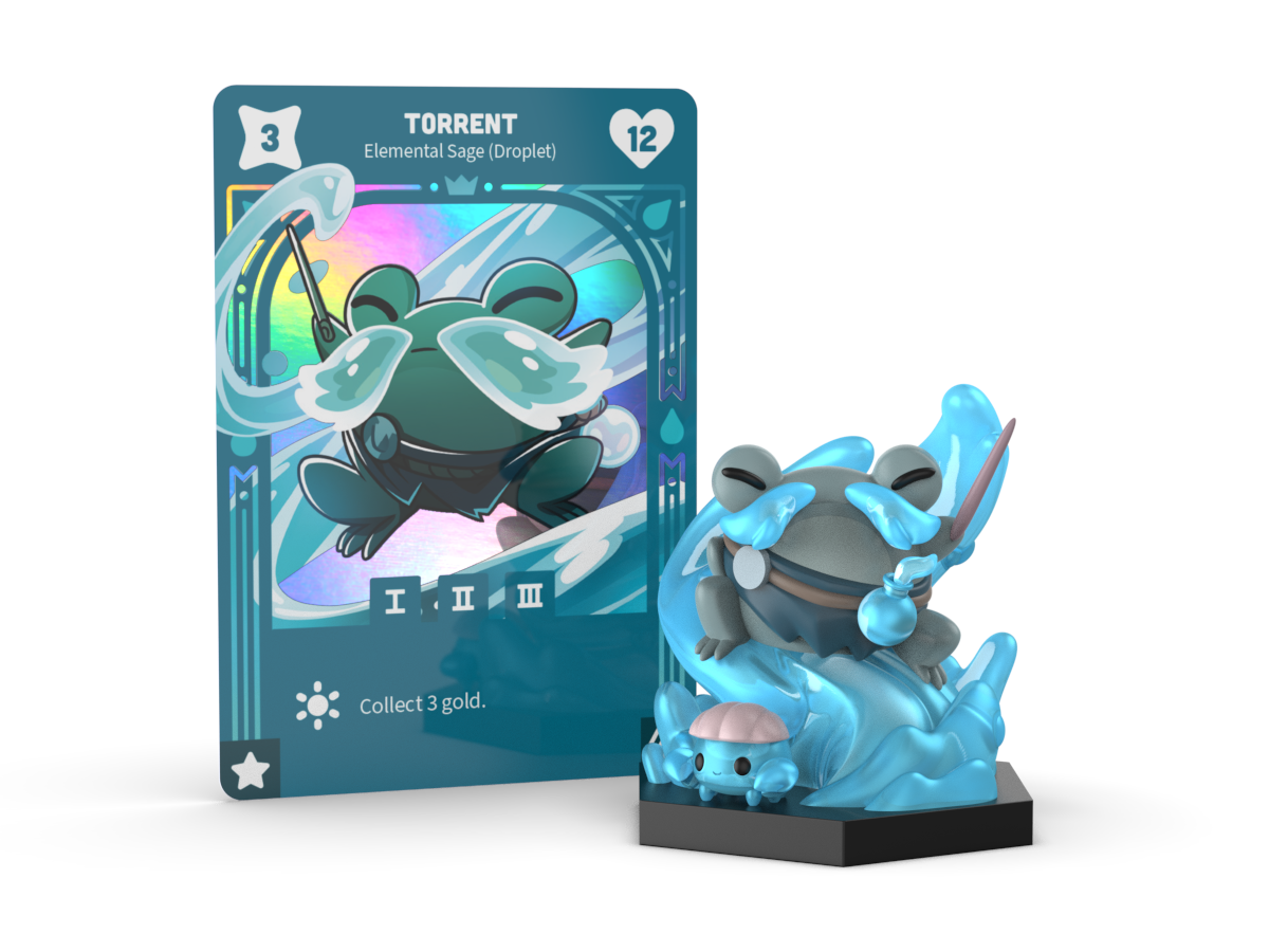 The Command of Nature: Torrent the Droplet Sage Vinyl Figure by Unstable Games features a frog-like creature named Torrent, an Elemental Sage surrounded by water elements. The associated trading card shows a cost of 3 and a power of 12.