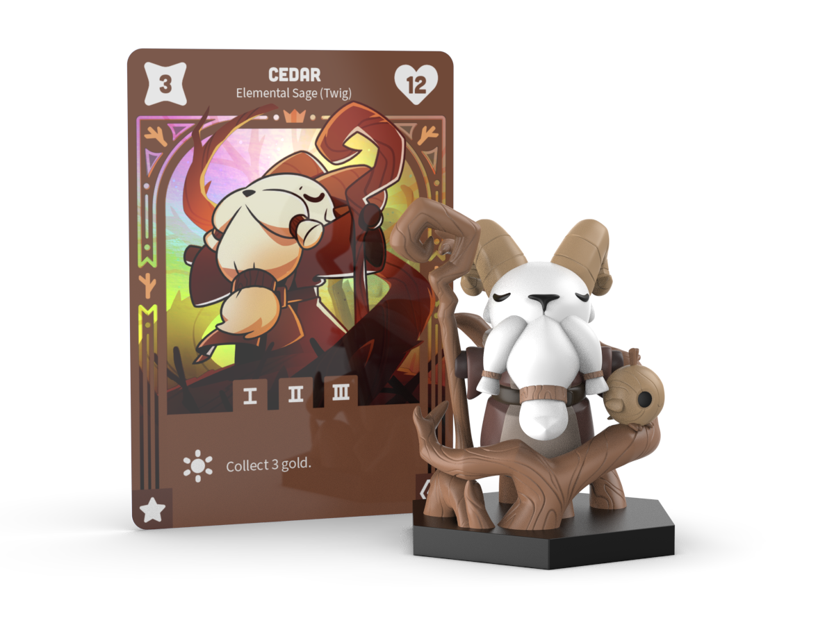 A vinyl figure of Cedar the Twig Sage, a ram-like character from Unstable Games' "Command of Nature," stands in front of a matching card labeled "CEDAR" with stats and abilities described. The card and figure share similar design elements and colors.