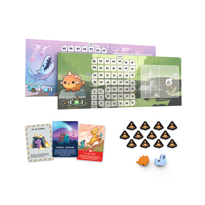 Educational board game set featuring Happy Little Dinosaurs: Hazards Ahead Expansion playing cards, a puzzle-like game board with numbered pieces, and multiple game tokens shaped like footprints, characters, and hazard tokens by Unstable Games.