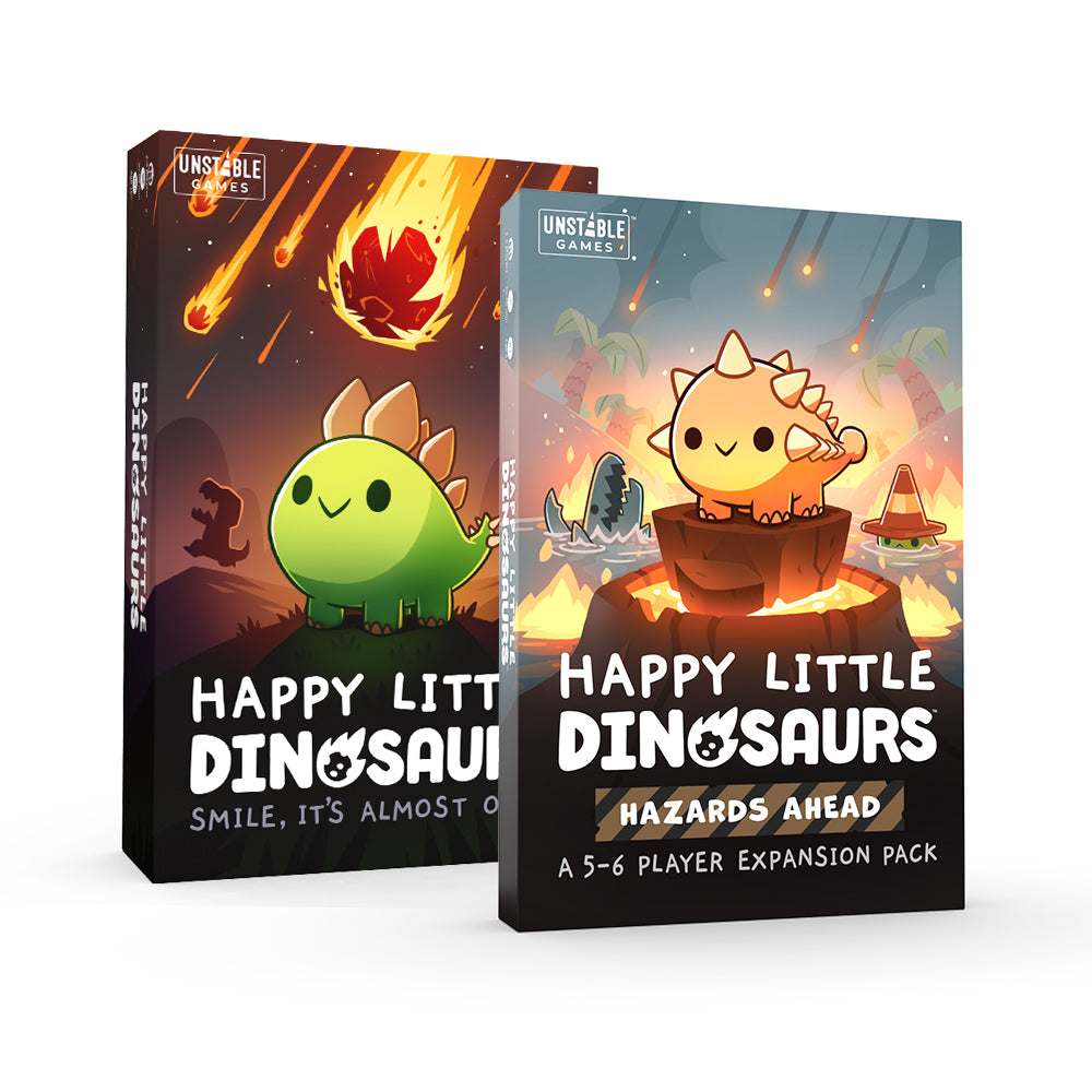 Two board game boxes titled "Happy Little Dinosaurs" and "Happy Little Dinosaurs: Hazards Ahead," featuring cartoon dinosaurs, disaster cards, and dramatic, fiery comet backgrounds from Unstable Games' Happy Little Dinosaurs: Base Game + Hazards Ahead Expansion Bundle.