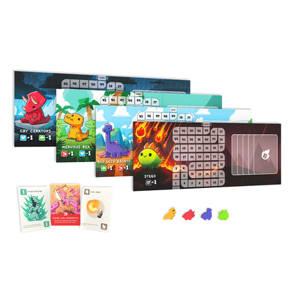 Assorted components of the dinosaur game "Happy Little Dinosaurs: Base Game" by Unstable Games, including disaster cards, dinosaur figurines, and a game board with numerical values.