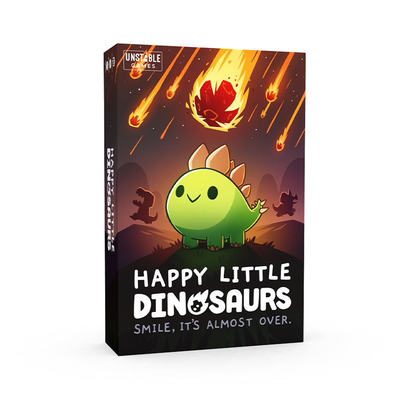 Boxed board game "Happy Little Dinosaurs: Base Game" by Unstable Games featuring a cartoon green dinosaur with disaster cards and meteors falling in the background.