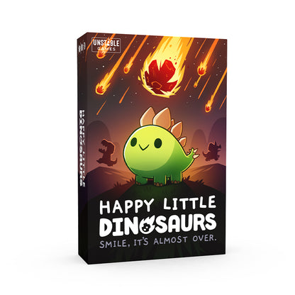 Boxed board game "Happy Little Dinosaurs: Base Game" by Unstable Games featuring a cartoon green dinosaur with disaster cards and meteors falling in the background.