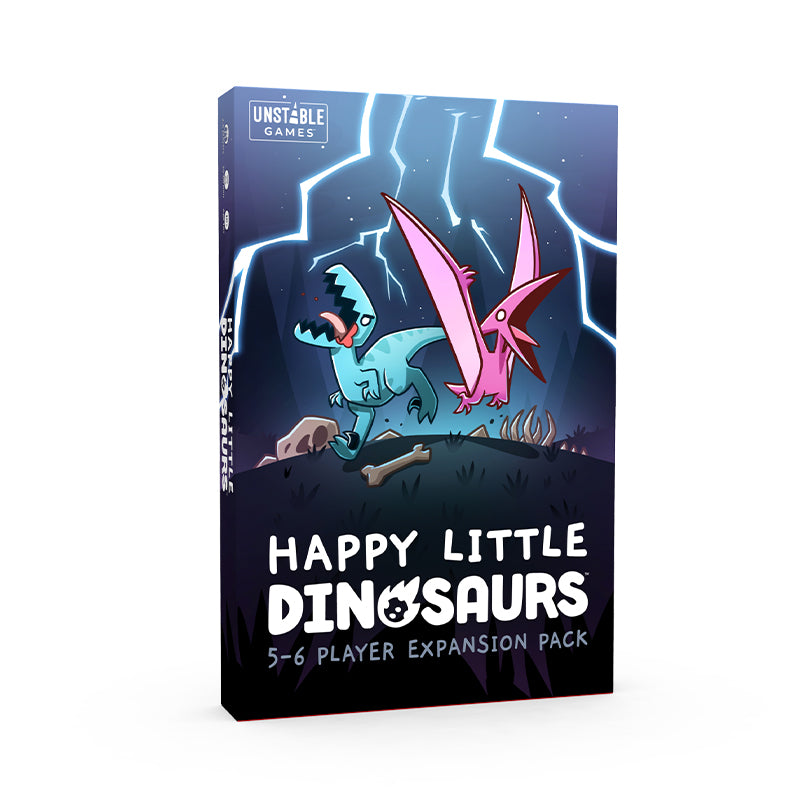 Box of Unstable Games' "Happy Little Dinosaurs: 5-6 Player Expansion" featuring cartoon dinosaurs and disaster cards on the cover.