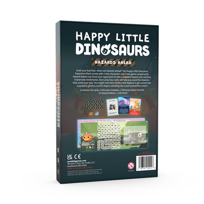 Board game box titled "Happy Little Dinosaurs: Hazards Ahead Expansion" by Unstable Games showing back cover with game instructions, contents, and images of play cards, Hazard tokens, and game board.
