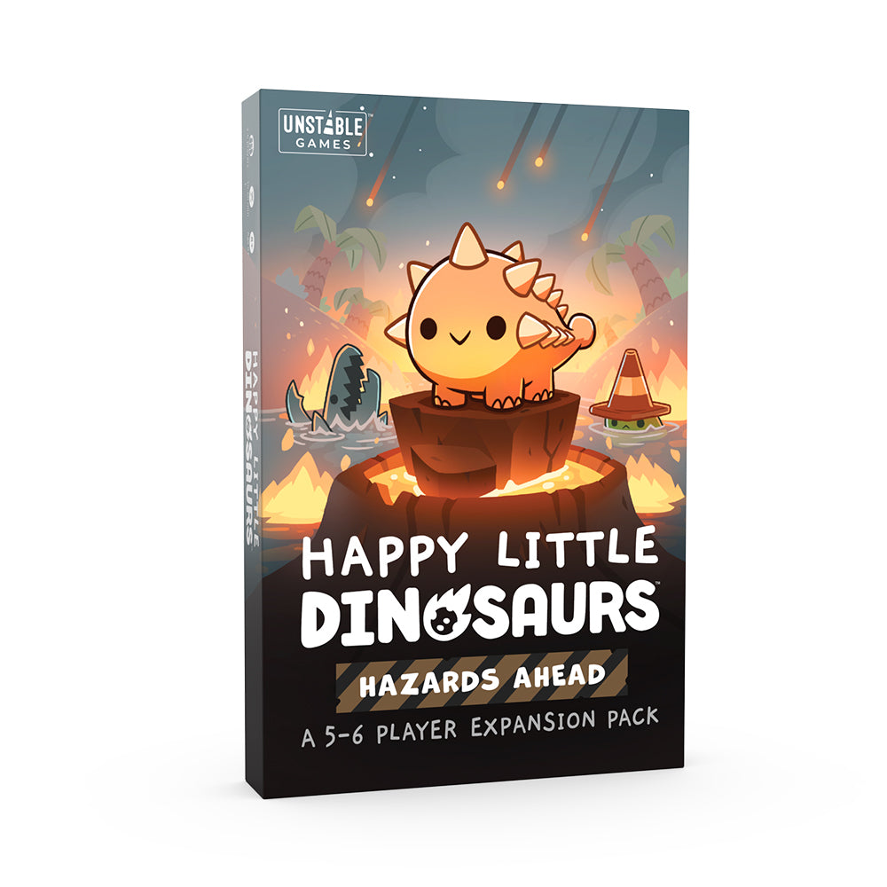 A 3D rendering of the Happy Little Dinosaurs: Hazards Ahead Expansion pack by Unstable Games, featuring a cartoon dinosaur in a volcano and new Hazard tokens.