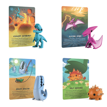 Four collectible trading cards featuring colorful dinosaur characters from the Happy Little Dinosaurs: Vinyl Figure Series with descriptions of their special abilities. Each card has a distinct background color and design. Created by Unstable Games.